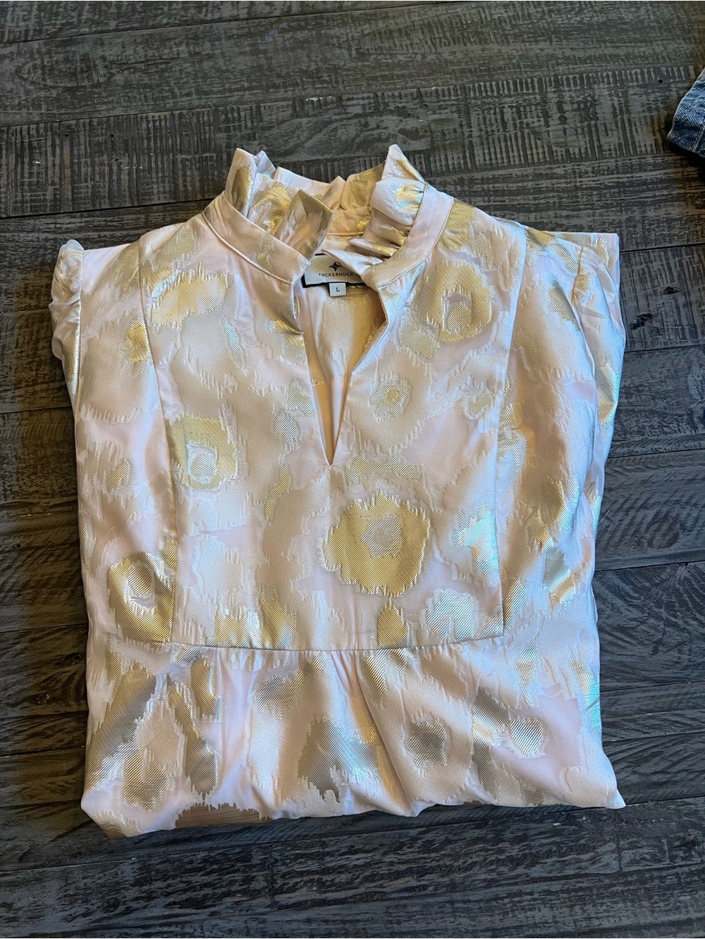 Tucker buck sz L Women’s cram gold Metallic Floral Satin Tunic Dress - Picture 10 of 14